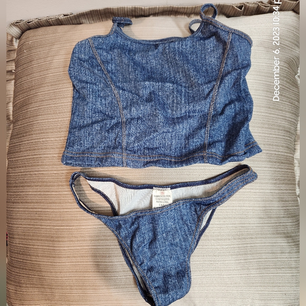 Very small no brand jean swimsuit with two bottoms